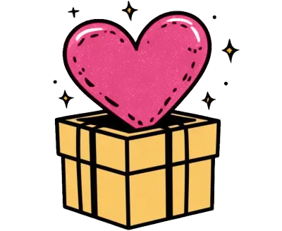 A sparkling roseate heart emerging from a yellow gift box